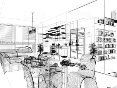 Wireframe 3D Modern home interior. Render Image. Architecture Abstract. NOTE: This image was rendered in wireframe mode in order to achieve this effect of space imagining. More of 3D Architecture in this lightbox