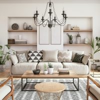 Scandinavian interior design living room 3d render with beige colored furniture and wooden elements